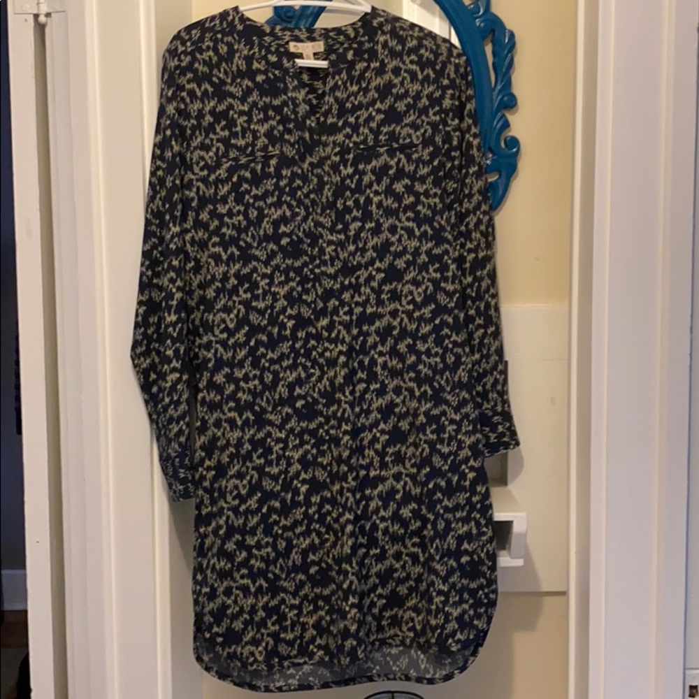 Navy blue and tan shirt dress.
